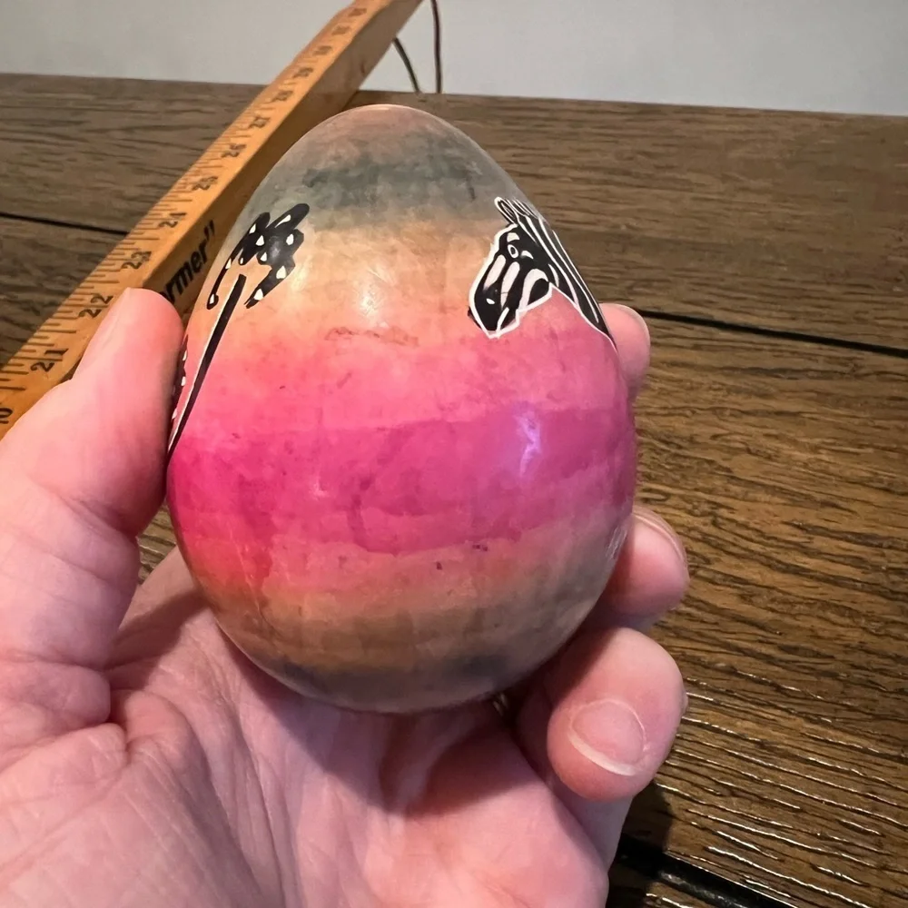 Hand Painted Soapstone Egg African Wildlife Mural Scene Zebra Trees